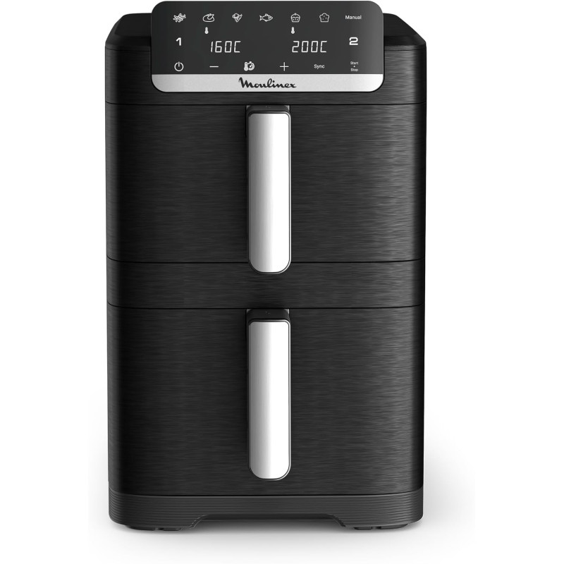 Moulinex - Easy Fry Dual Crispy Stack air fryer - 10 L - Noir | Friteuse sans huile double tiroir verticaux 8 personnes - 7 prog