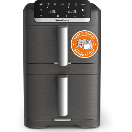 Moulinex - Easy Fry Dual Crispy Stack air fryer - 10 L - Gris | Friteuse sans huile double tiroir verticaux 8 personnes - 7 prog