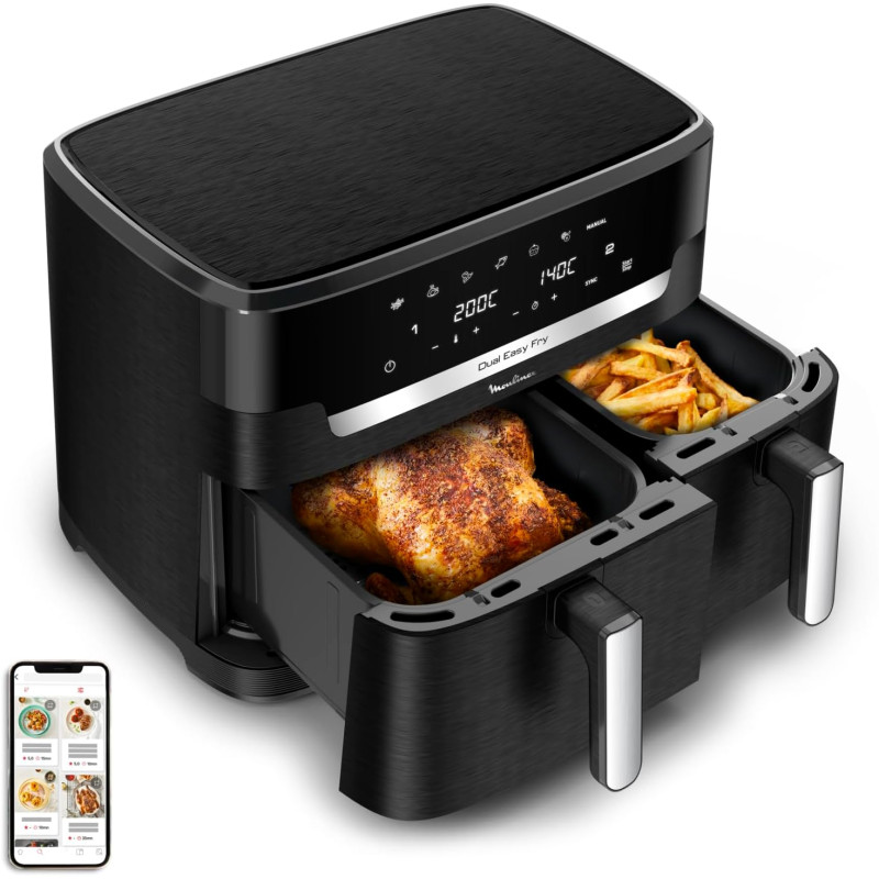 Moulinex - Easy Fry Dual XXL air fryer - 7 programmes - 11 L - Noir | Friteuse sans huile double tiroir pour 10 personnes - Repa