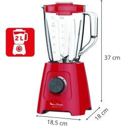 Moulinex - Blender Blendforce Rouge 600W Bol plastique 1.25 L | Mixeur puissant pour smoothies et glace pilée - Technologie Smar