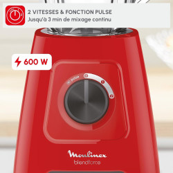 Moulinex - Blender Blendforce Rouge 600W Bol plastique 1.25 L | Mixeur puissant pour smoothies et glace pilée - Technologie Smar
