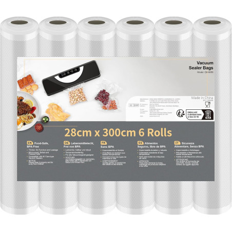 Rouleau Sous Vide Alimentaire, Sac Sous Vide Alimentaire pour L'appareil de Mise Sous Vide, 6 Rouleaux 28x300cm, Film Sous Vide 