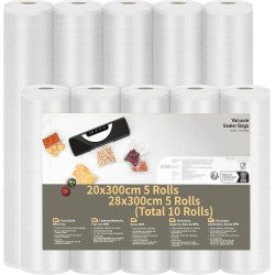 Rouleau Sous Vide Alimentaire, 10 Rouleau Film Sous Vide Alimentaire sans BPA, 5 Rouleaux 28x300cm et 5 Rouleaux 20x300cm Sac So