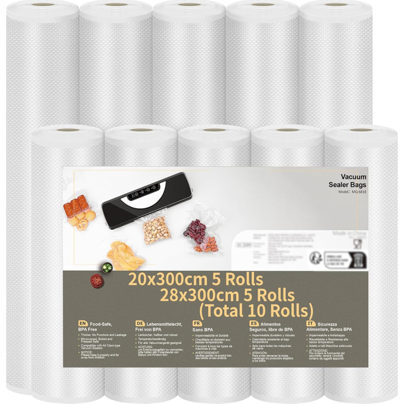 Rouleau Sous Vide Alimentaire, 10 Rouleau Film Sous Vide Alimentaire sans BPA, 5 Rouleaux 28x300cm et 5 Rouleaux 20x300cm Sac So