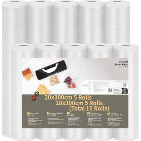 Rouleau Sous Vide Alimentaire, 10 Rouleau Film Sous Vide Alimentaire sans BPA, 5 Rouleaux 28x300cm et 5 Rouleaux 20x300cm Sac So
