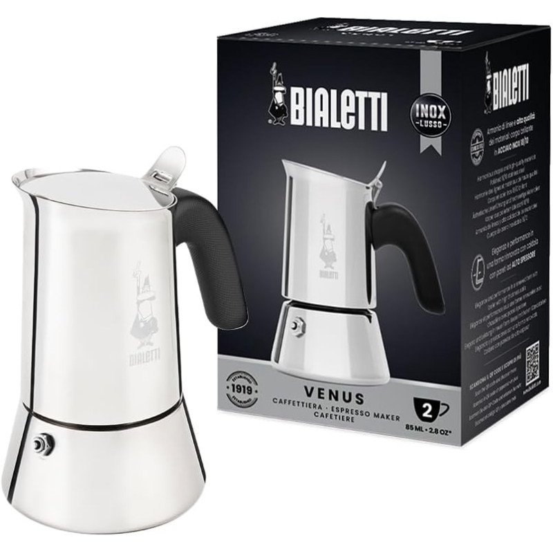 Bialetti venus espresso maker, stainless steel, suitable for all hob types except induction, 2 cups, 85 ml, argent