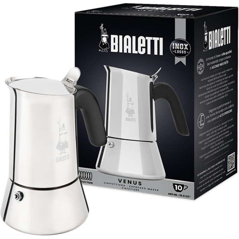 Bialetti - New Venus Induction, Cafetière Expresso en Inox, Adaptée à Tous Les Types de Plaques de Cuisson, 10 Tasses (460 Ml), 