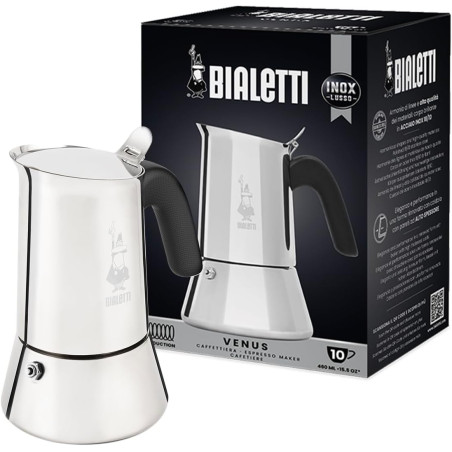 Bialetti - New Venus Induction, Cafetière Expresso en Inox, Adaptée à Tous Les Types de Plaques de Cuisson, 10 Tasses (460 Ml), 