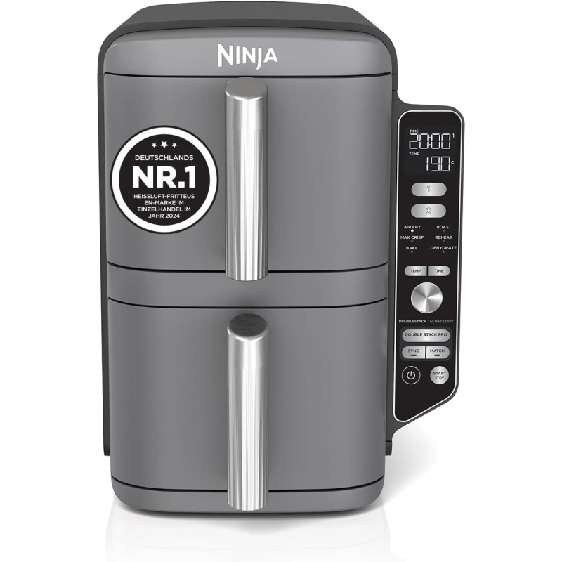 Ninja Double Stack XL Friteuse sans huile, Air Fryer vertical SL400EU | 2 tiroirs, 4 niveaux cuisson, 2 grilles, design compact,