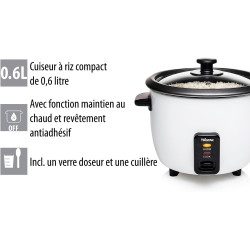 Tristar Cuiseur à riz RK-6117-0,6 litre - Fonction de maintien au chaud,300w,0.6l,18 x 18 x 18cm,noir,blanc