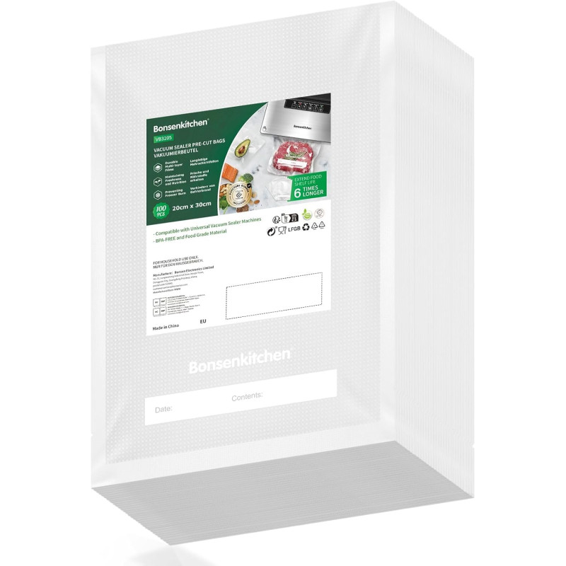 Bonsenkitchen Sacs Sous Vide Alimentaire 100 Sachets 20 x 30 cm | Pour Machine Sous Vide - Sacs Gaufrés Pour La Conservation Des