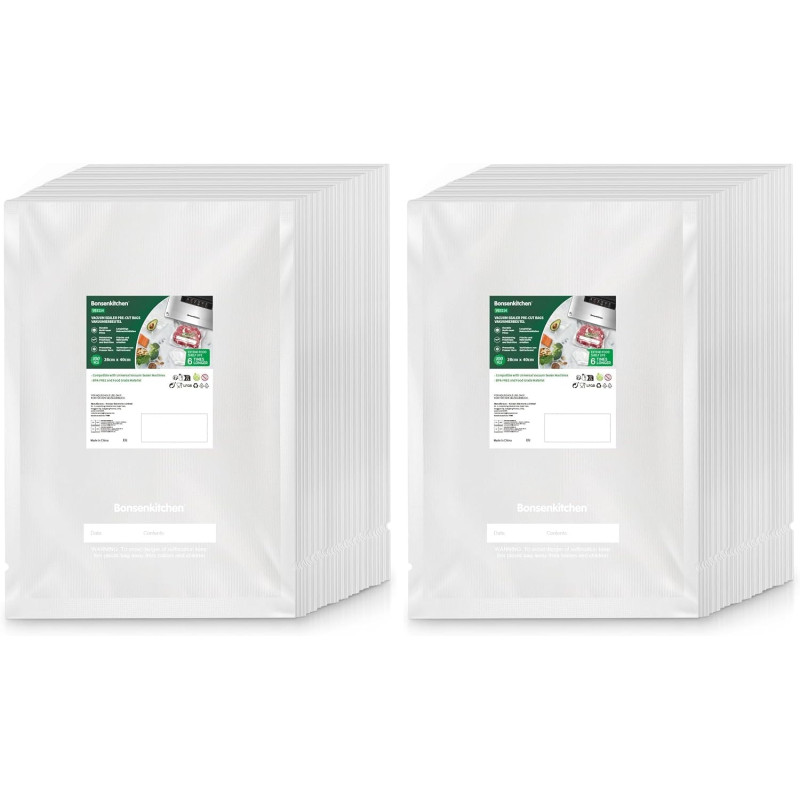 Bonsenkitchen Sacs Sous Vide Alimentaire, 100 Sacs -28 x 40 cm, pour Machines Sous Vide et Cuisson Sous Vide, Sans BPA, VB3214 (