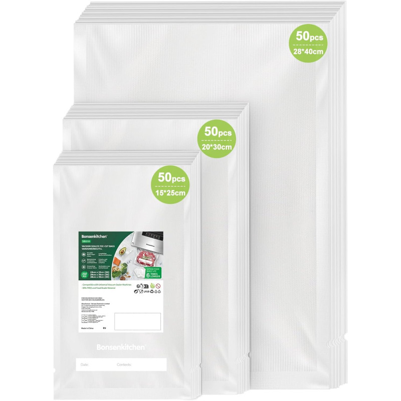 Bonsenkitchen Sacs Sous Vide 150 Sacs 15x25+20x30+28x40 cm，VB3215 | 50 Sacs par Taille，Sacs Sous Vide pour Aliments, pour Machin