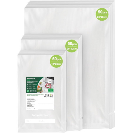 Bonsenkitchen Sacs Sous Vide 150 Sacs 15x25+20x30+28x40 cm，VB3215 | 50 Sacs par Taille，Sacs Sous Vide pour Aliments, pour Machin