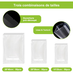 Bonsenkitchen Sacs Sous Vide 150 Sacs 15x25+20x30+28x40 cm，VB3215 | 50 Sacs par Taille，Sacs Sous Vide pour Aliments, pour Machin
