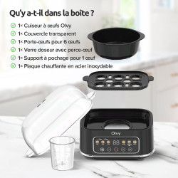 Olvy Cuiseur Oeuf Electrique Minuteur LCD Cuisson Precise | 1 Kit | 6 Oeufs Coque & Pochés 6-en-1 | Petit Dejeuner Famille | Cui