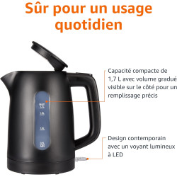 Amazon Basics Bouilloire Électrique 1,7L, 2200 W, Sans BPA avec Base 360°, Arrêt Automatique et Filtre Anti-Calcaire Amovible, N