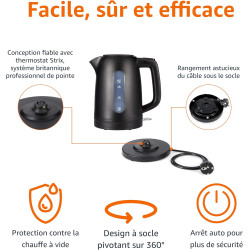 Amazon Basics Bouilloire Électrique 1,7L, 2200 W, Sans BPA avec Base 360°, Arrêt Automatique et Filtre Anti-Calcaire Amovible, N