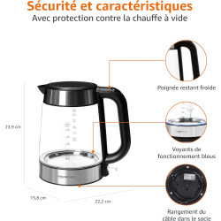 Amazon Basics Bouilloire électrique en verre, 1.7 l, 2200W, Noir, Argenté