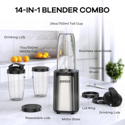 Ganiza Mixeur 900W, Mini Blender pour Smoothies, avec 3 Gourdes Portables (2×500ml+1×700ml), Lame à 4 Couteaux en Acier Inoxydab