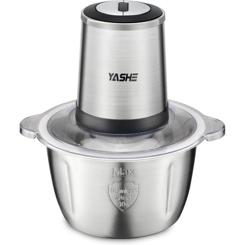 YASHE Hachoir Électrique 500W, Robot de Cuisine avec Bol en Acier Inoxydable 1,8L, Hachoir à Viande avec 4 Lames Doubles, 2 Vite