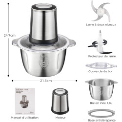 YASHE Hachoir Électrique 500W, Robot de Cuisine avec Bol en Acier Inoxydable 1,8L, Hachoir à Viande avec 4 Lames Doubles, 2 Vite