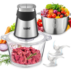YASHE Hachoir Électrique 1,8L+2L, Robot de Cuisine avec Récipients en Verre et en Acier Inoxydable, Hachoir à Viande 500W à 2 Vi