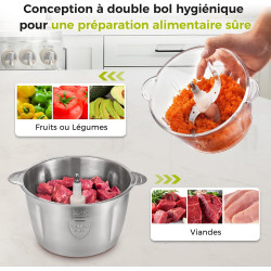 YASHE Hachoir Électrique 1,8L+2L, Robot de Cuisine avec Récipients en Verre et en Acier Inoxydable, Hachoir à Viande 500W à 2 Vi