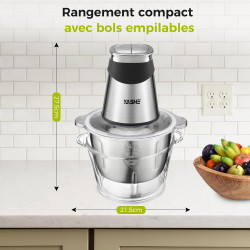YASHE Hachoir Électrique 1,8L+2L, Robot de Cuisine avec Récipients en Verre et en Acier Inoxydable, Hachoir à Viande 500W à 2 Vi