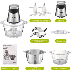 YASHE Hachoir Électrique 1,8L+2L, Robot de Cuisine avec Récipients en Verre et en Acier Inoxydable, Hachoir à Viande 500W à 2 Vi