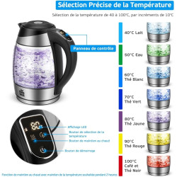 FOR ME Bouilloire Électrique en Verre 1.8L, Contrôle de la Température, Température Réglable à Partir de 40°C à 100°C, Éclairage