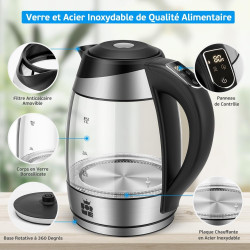 FOR ME Bouilloire Électrique en Verre 1.8L, Contrôle de la Température, Température Réglable à Partir de 40°C à 100°C, Éclairage