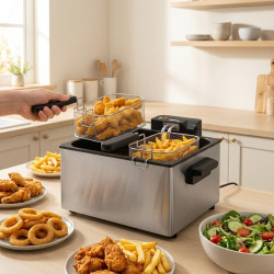 Tristar Friteuse en Acier Inoxydable, Capacité 5 L, 3000 W, Thermostat Réglable, Panier Amovible, Usage Semi Professionnel, FR-9