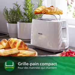 Philips Grille-pain Daily, 2 fentes larges, 8 réglages, 830W, Blanc | Toaster avec réchauffe-viennoiseries, Décongélation & arrê
