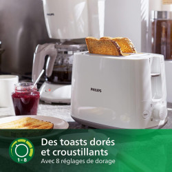 Philips Grille-pain Daily, 2 fentes larges, 8 réglages, 830W, Blanc | Toaster avec réchauffe-viennoiseries, Décongélation & arrê