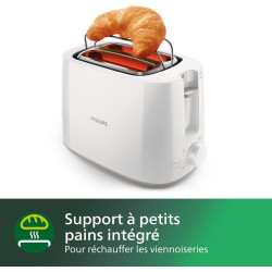 Philips Grille-pain Daily, 2 fentes larges, 8 réglages, 830W, Blanc | Toaster avec réchauffe-viennoiseries, Décongélation & arrê