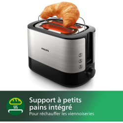 Philips Grille-pain - 2 Fentes, 7 Réglages, Réchauffe-Viennoiseries, Décongélation, Surélévation, Arrêt Automatique, Noir (HD263