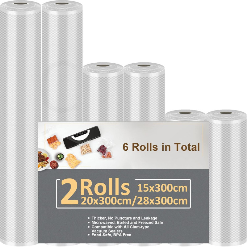 Rouleau Sous Vide Alimentaire, 6 Packs Sac Sous Vide Alimentaire, Convient à Tous Machine Sous Vide, 28 x 300cm, 20 x 300cm, 15 