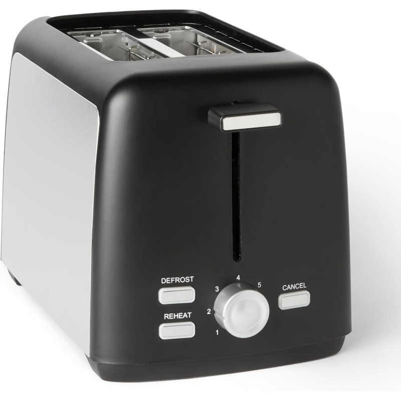 Amazon Basics Grille-Pain 2 Tranches avec 7 Niveaux de Dorage et Tiroir Ramasse-miettes Amovible, Fentes Extra Larges, 800W, Noi