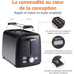 Amazon Basics Grille-Pain 2 Tranches avec 7 Niveaux de Dorage et Tiroir Ramasse-miettes Amovible, Fentes Extra Larges, 800W, Noi