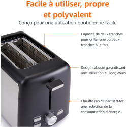 Amazon Basics Grille-Pain 2 Tranches avec 7 Niveaux de Dorage et Tiroir Ramasse-miettes Amovible, Fentes Extra Larges, 800W, Noi