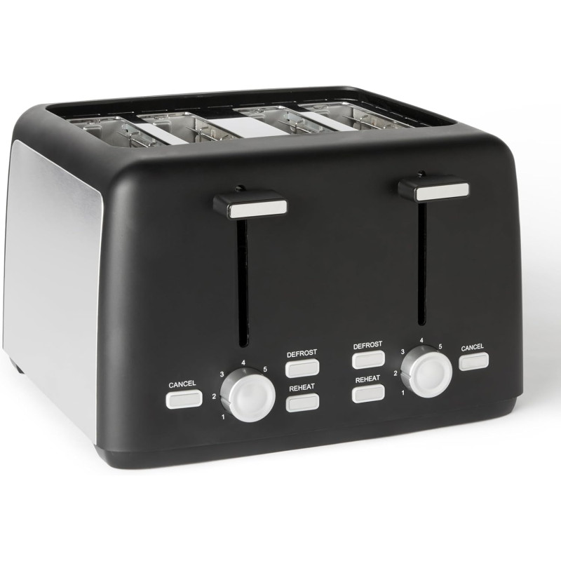 Amazon Basics Grille-Pain 4 Tranches avec 7 Niveaux de Dorage et Tiroir Ramasse-miettes Amovible, Fentes Extra Larges, 1500W, No