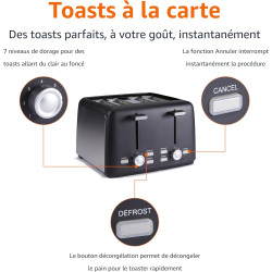 Amazon Basics Grille-Pain 4 Tranches avec 7 Niveaux de Dorage et Tiroir Ramasse-miettes Amovible, Fentes Extra Larges, 1500W, No