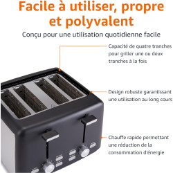 Amazon Basics Grille-Pain 4 Tranches avec 7 Niveaux de Dorage et Tiroir Ramasse-miettes Amovible, Fentes Extra Larges, 1500W, No