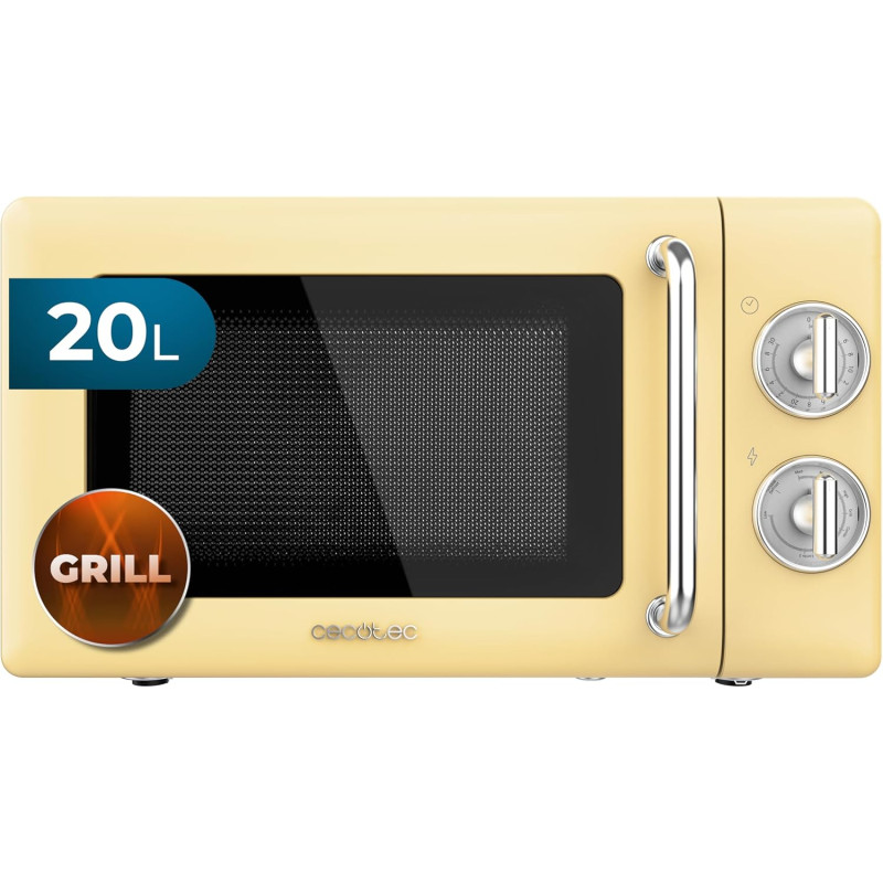 Cecotec micro-ondes 20l avec gril proclean 3110 retro jaune | commandes mécaniques, 6 niveaux, minuterie 30 min, éclairage intér