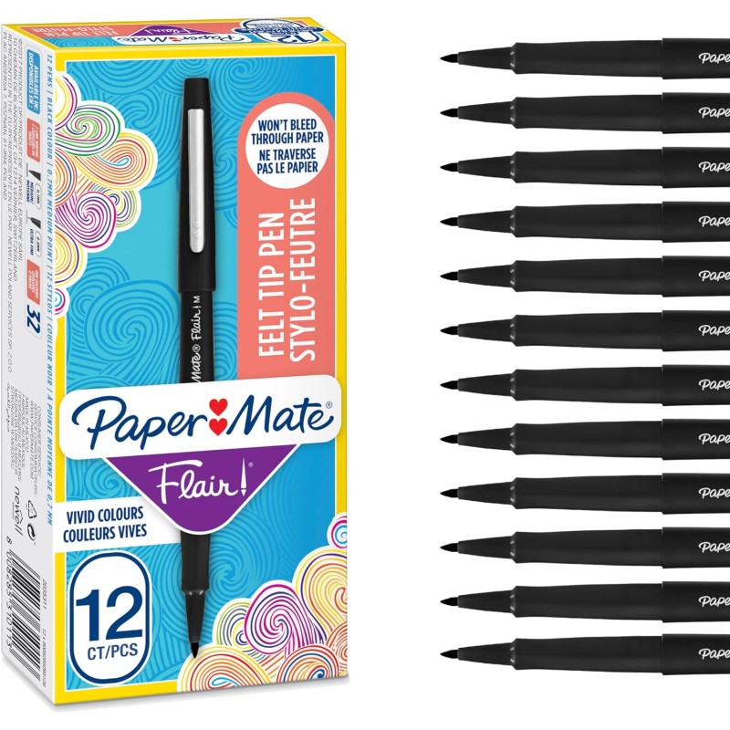 Paper Mate Flair Stylos feutres | Feutres de coloriage sans fuite à pointe moyenne (0,7 mm) | Encre noire | Idéal pour écrire, s