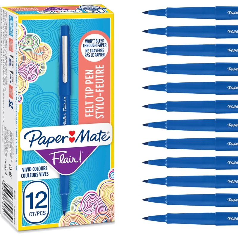 Stylos feutres Paper Mate Flair | Feutres de coloriage sans fuite à pointe moyenne (0,7 mm) | Encre bleue | Idéal pour écrirescr