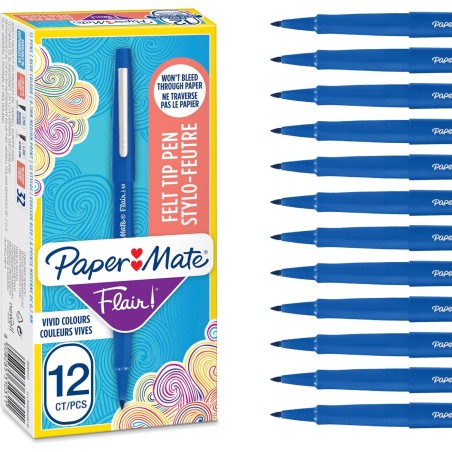 Stylos feutres Paper Mate Flair | Feutres de coloriage sans fuite à pointe moyenne (0,7 mm) | Encre bleue | Idéal pour écrirescr