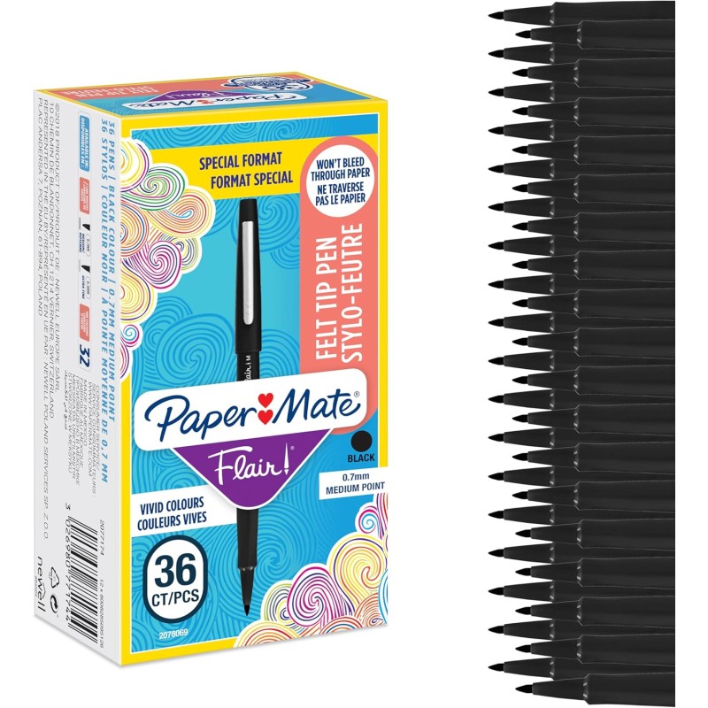 Stylos feutres Paper Mate Flair | Feutres de coloriage sans fuite à pointe moyenne (0,7 mm) | Encre noire | Idéal pour écrirescr