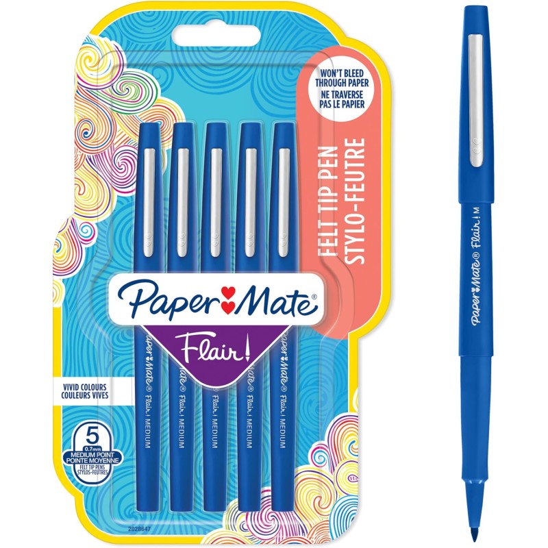 Stylos feutres Paper Mate Flair | Feutres de coloriage sans fuite à pointe moyenne (0,7 mm) | Encre bleue | Idéal pour écrirescr